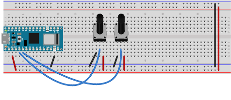 Arduino Nano 33 iot with two potentiometers connected to A0 and A1