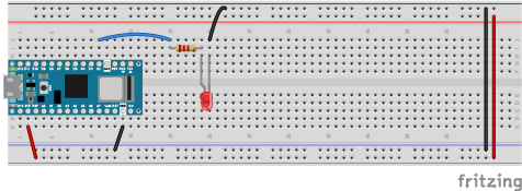 Breadboard Switches Breadboard of Arduino Nano 33 IoT with LED connected to an 220 ohm resistor connected to D2