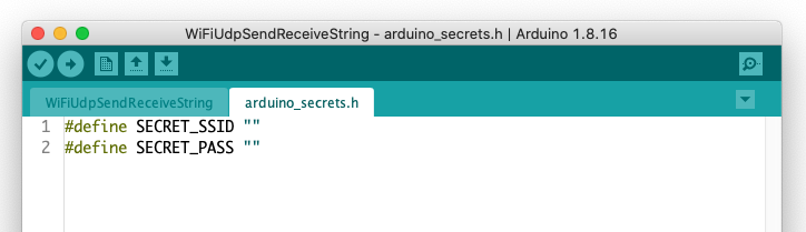 Arduino IDE showing two tabs. arduino_secrets.h tab is active and showing empty variables SECRET_SSID and `SECRET_PASS`