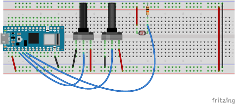 Breadboard of Arduino Nano 33 IoT with Sensors connected to A0, A1, A2