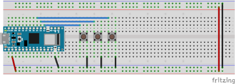 Breadboard Switches Breadboard of Arduino Nano 33 IoT with Buttons connected to D2, D3, D4
