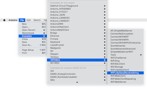 File Menu navigation from File to Examples to WifiNINA to WifiUDPSendReceiveString