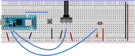 Breadboard of Arduino Nano 33 IoT with a Buttons connected to D2, light sensor connected to A0, and Potentiometer connected to A1